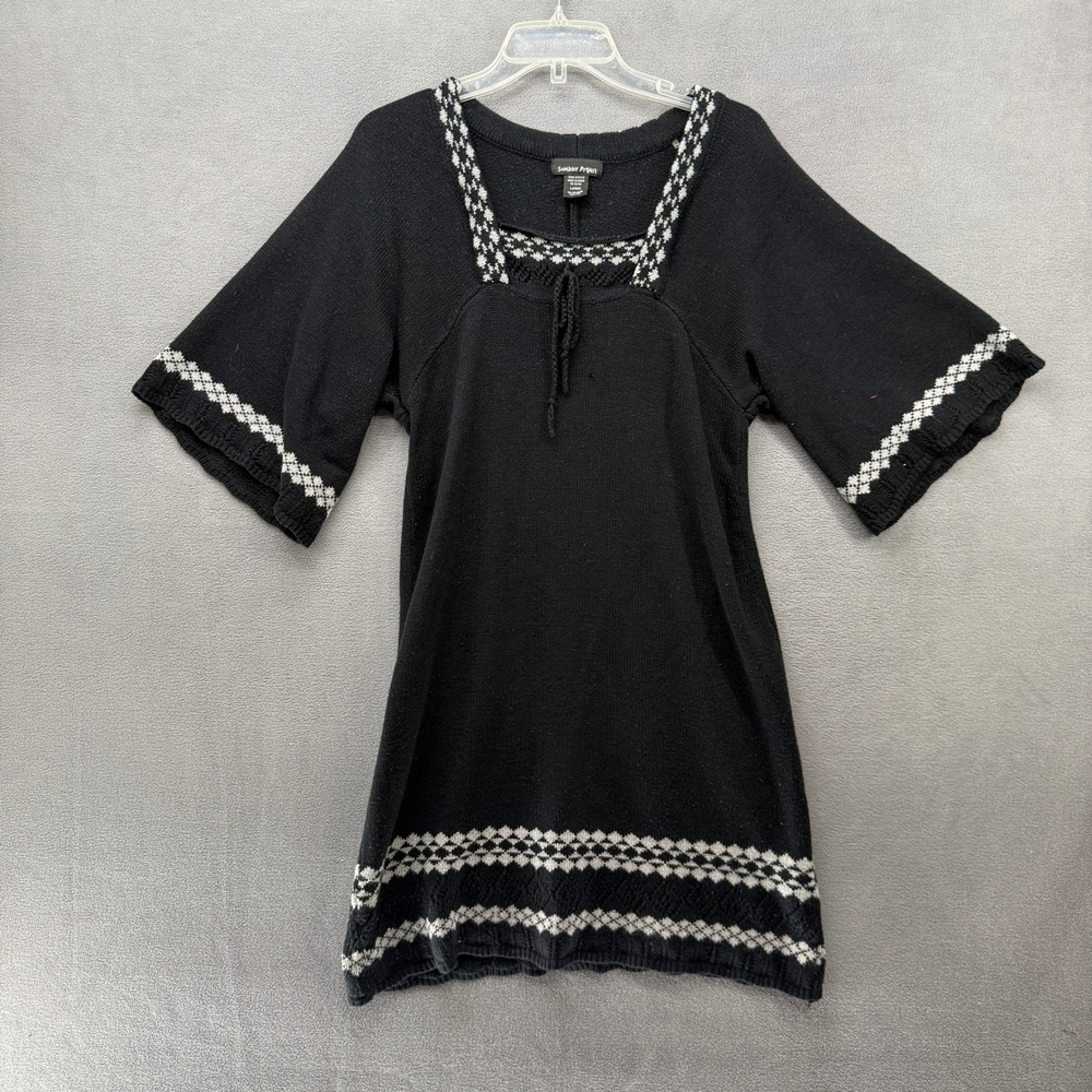 Sweater Project Sweater Dress Womens L Black Fair Isle Square Neck 3/4 Sleeve